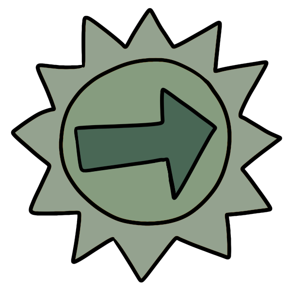 light green sun with a dark green arrow in the center pointing right.